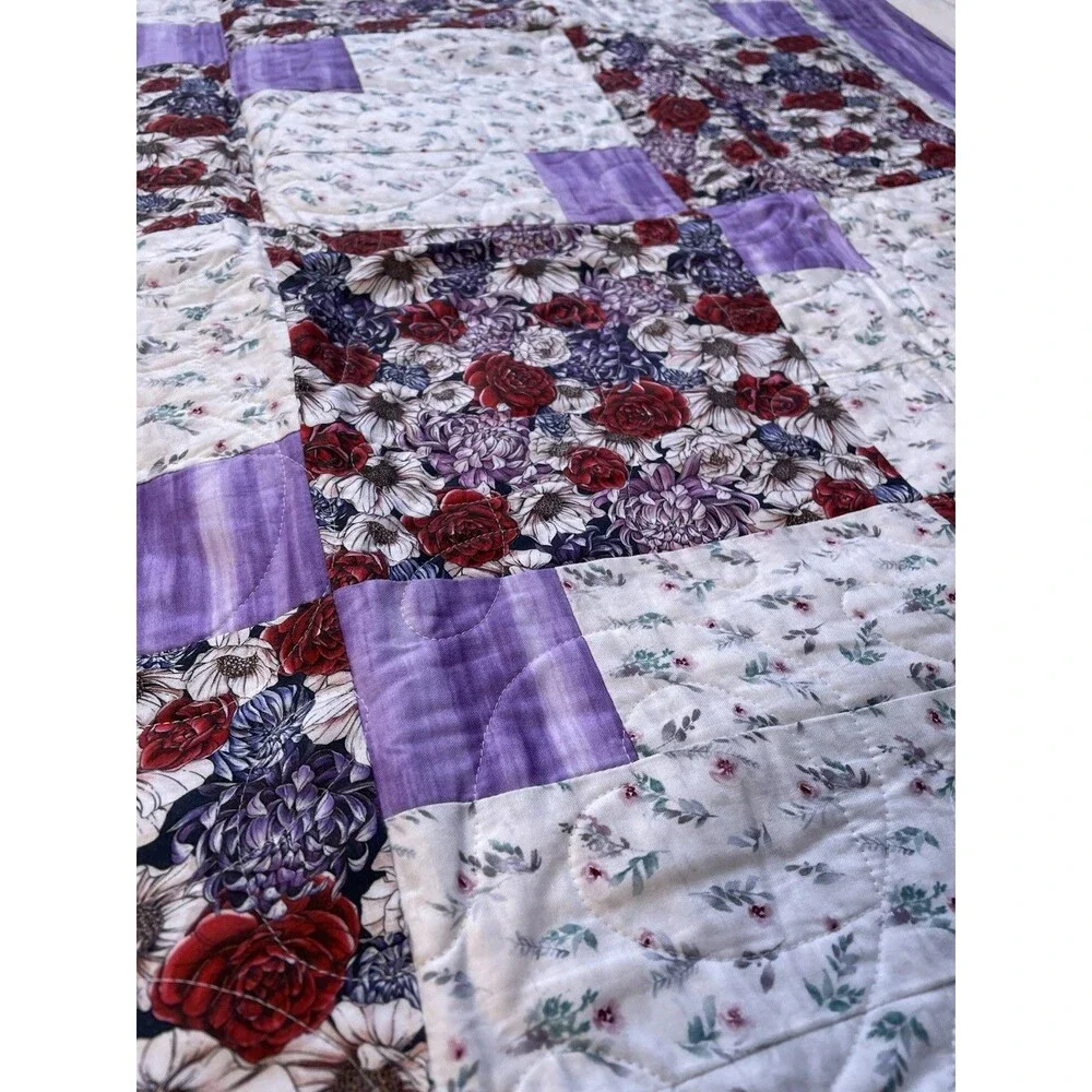 New Handmade Patchwork Baby Girl Lap Quilt Hearts Swirls Purple Red Floral 61x44